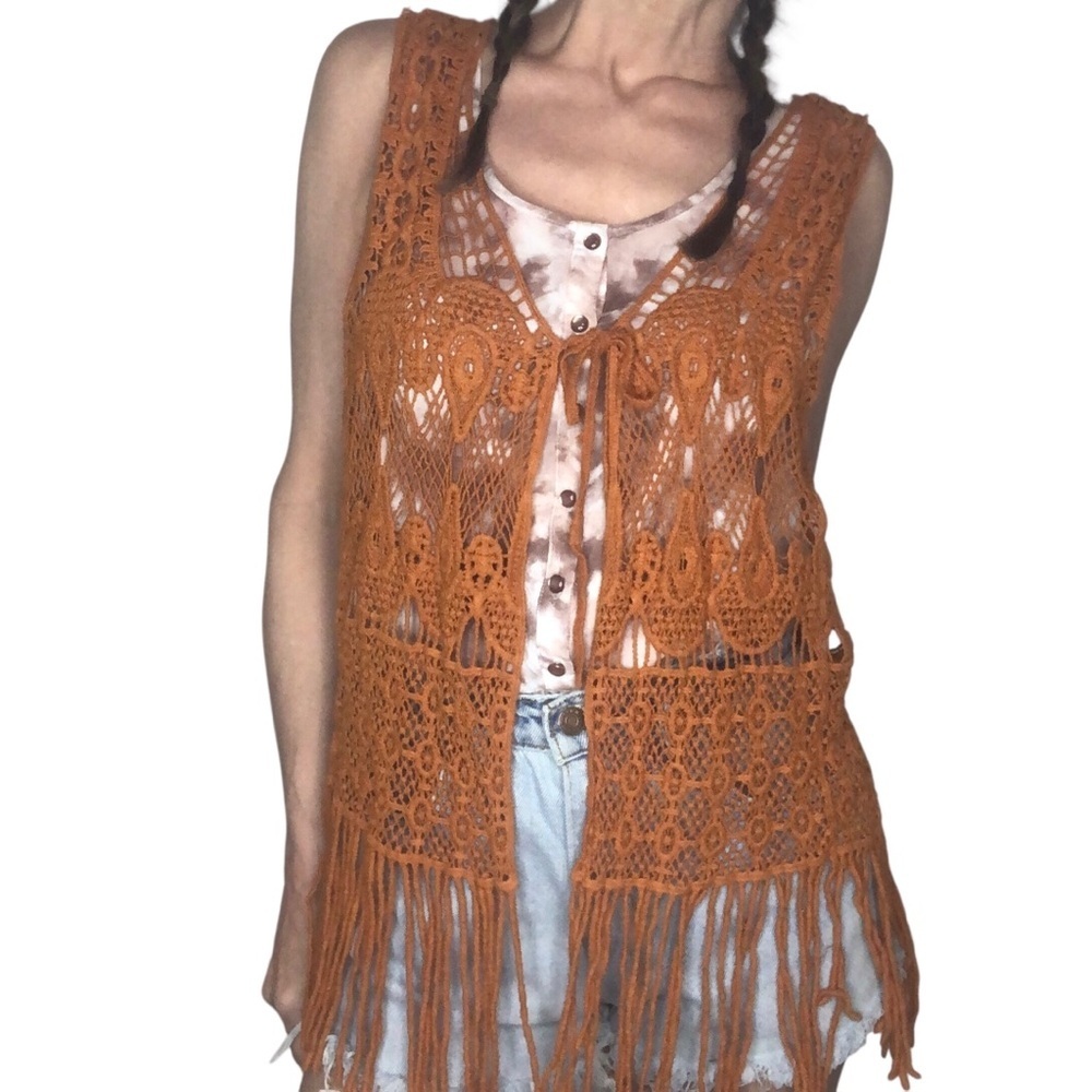 Kontrol Contemporary Boho Crochet Vest Sz S Sienna Brown Fringe Western Festival